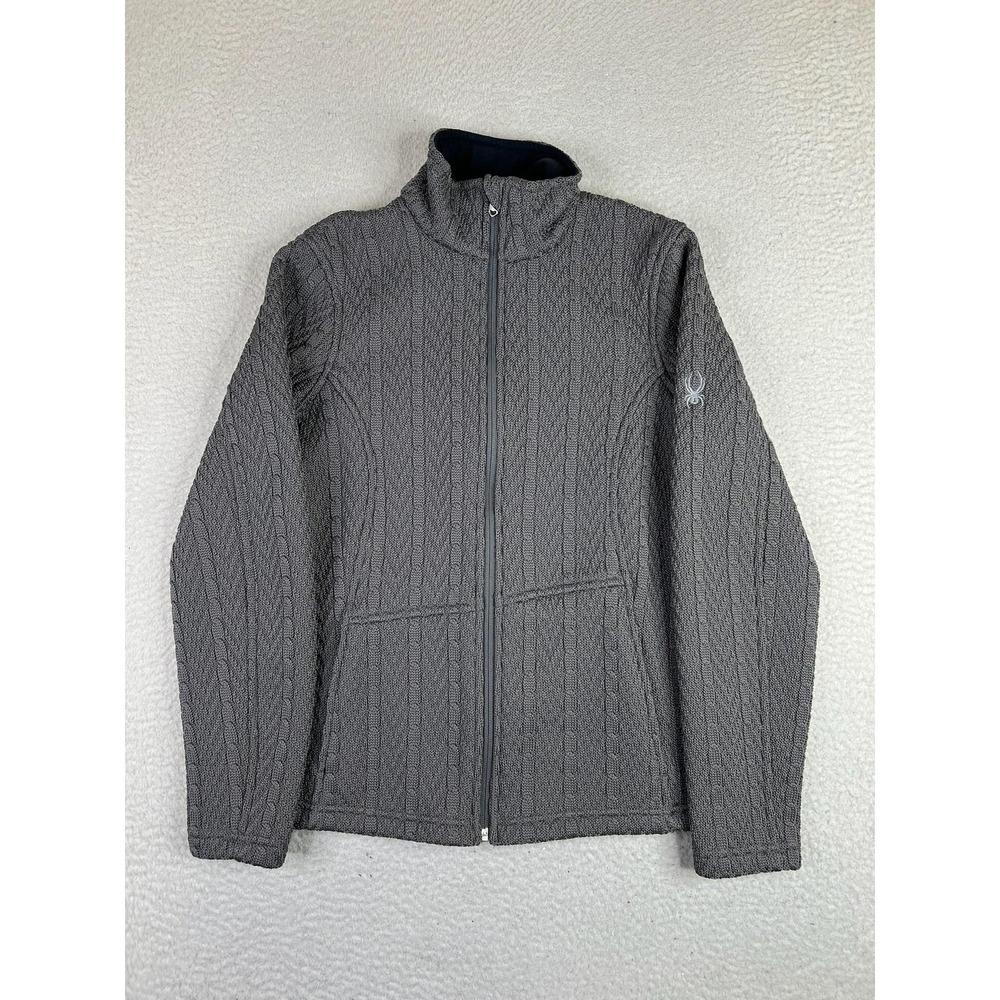 Spyder Jacket Womens Medium Gray Full Zip Knit Sweater Fleece Lined Ski 162007